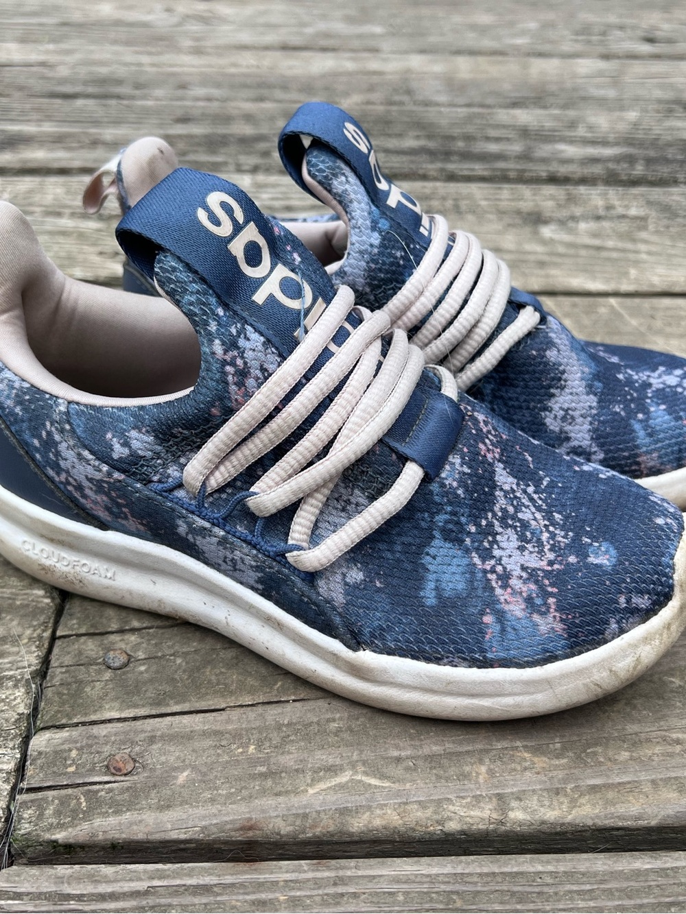Adidas Kids Blue Patterned Slip-On Sneakers with pink Laces size 1